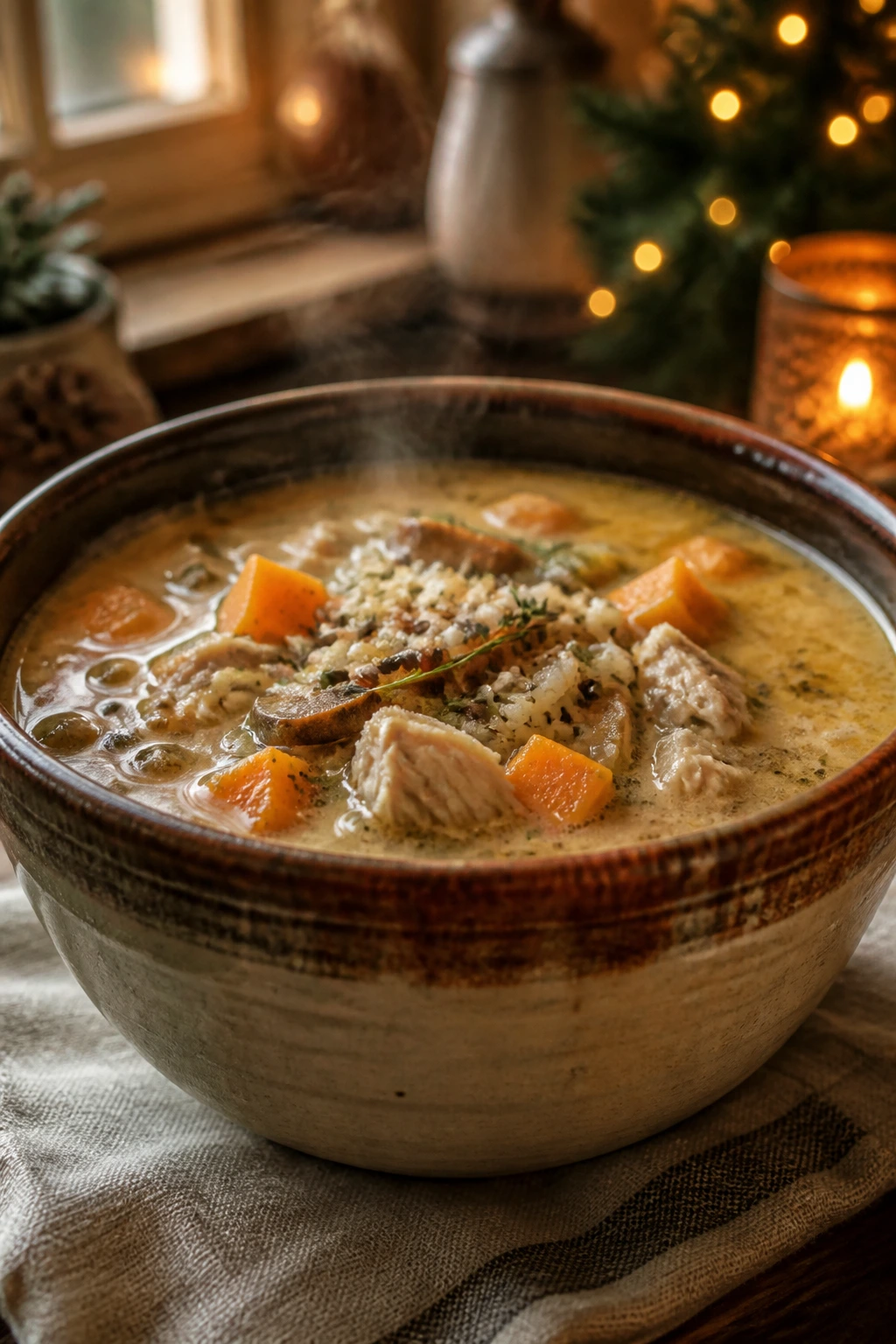 Close-up of a steaming soup bowl on a rustic table with warm Christmas ambience