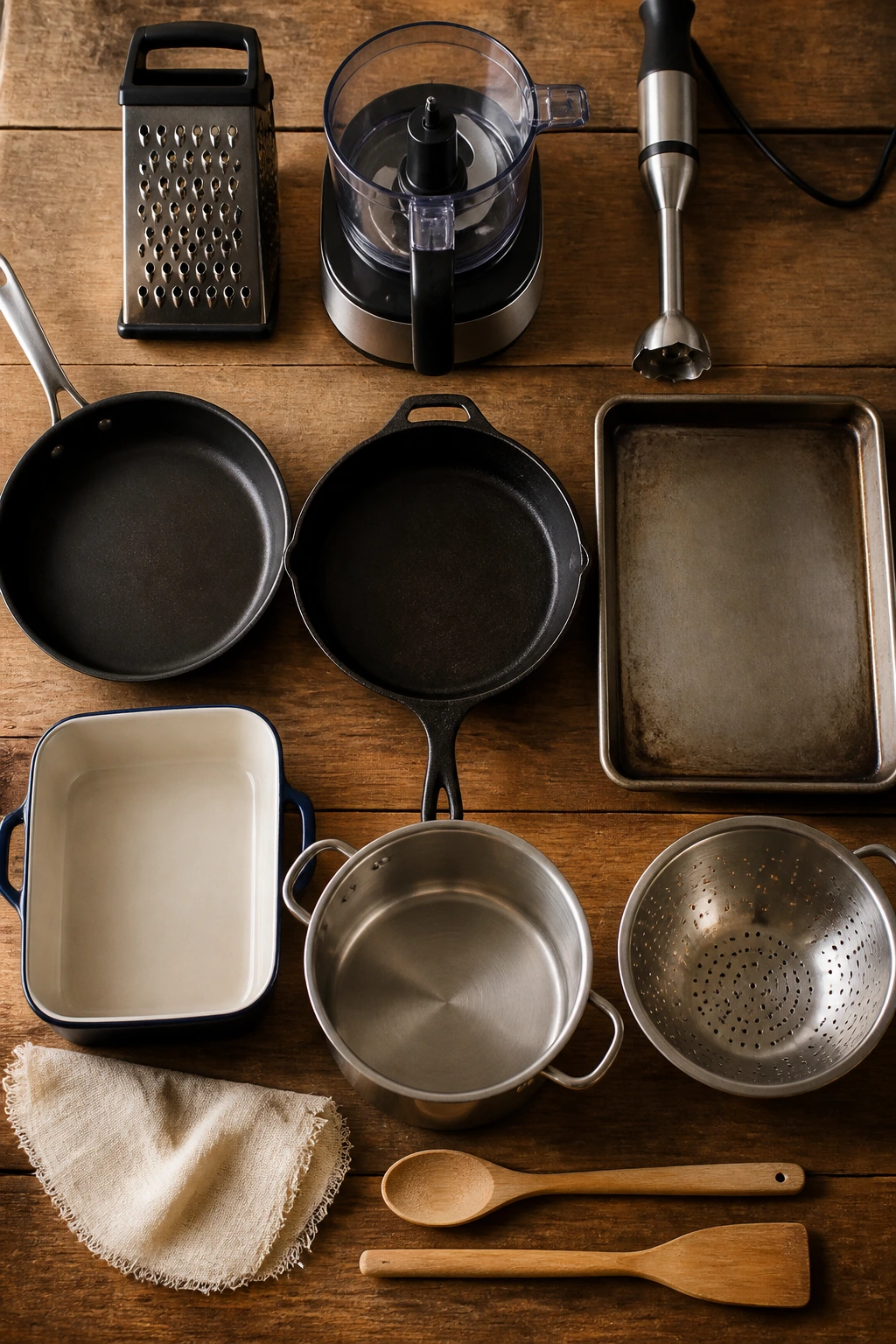 Set of essential kitchen equipment for veggie meals on wood