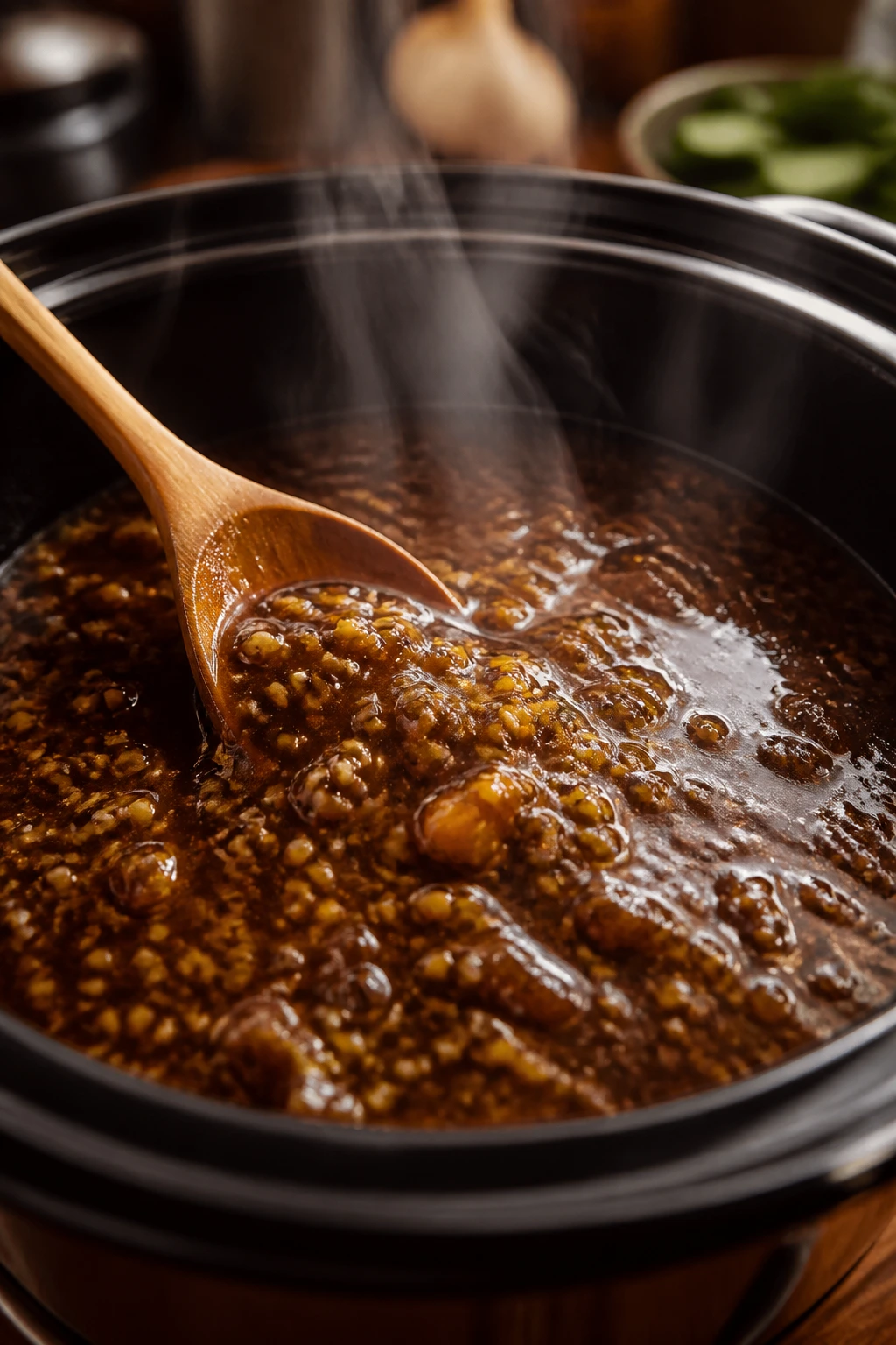 Close-up of glossy braise sauce with grated aromatics in a pot.