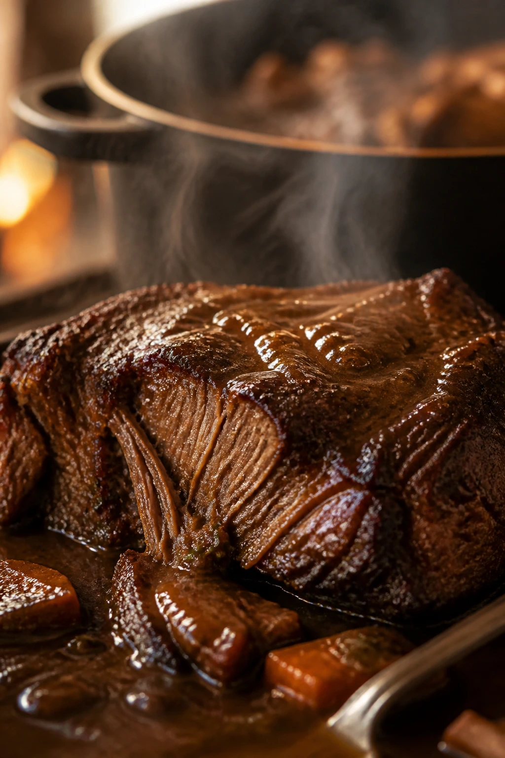 Close-up of a glossy braised beef chuck slice with wine gravy filling the frame