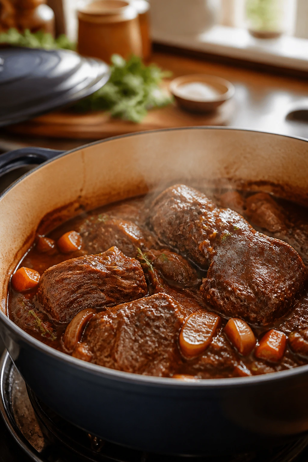 Close-up of simmering beef braise in a Dutch oven with tender meat and sauce