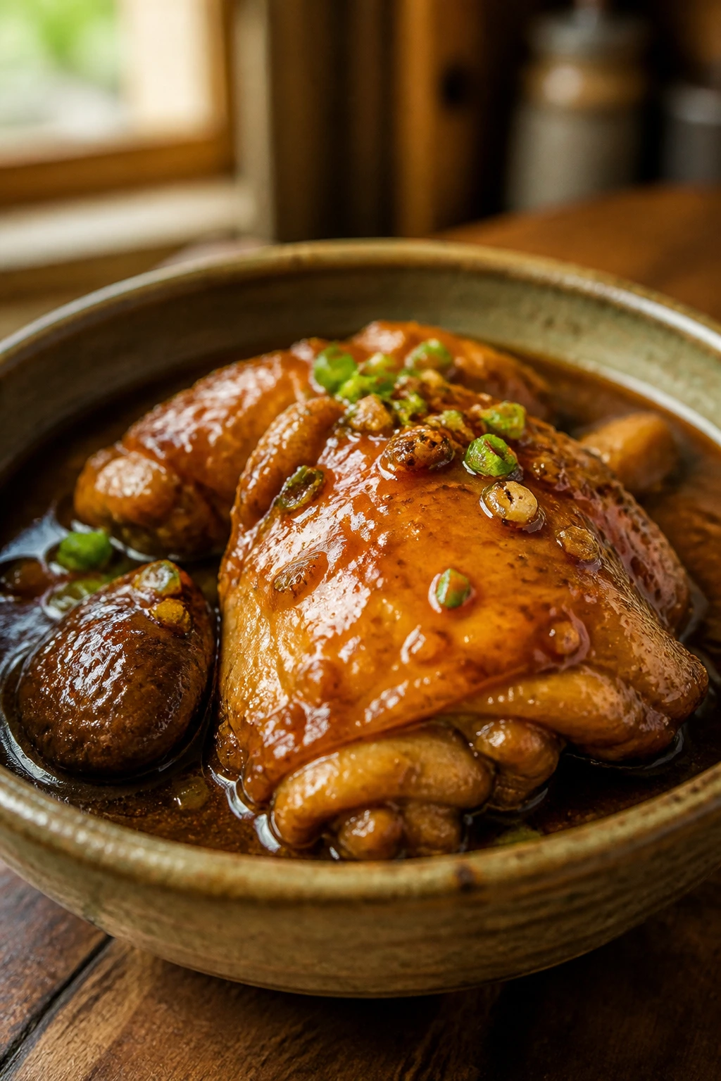 Close-up of braised chicken thigh in glossy sauce in a rustic bowl