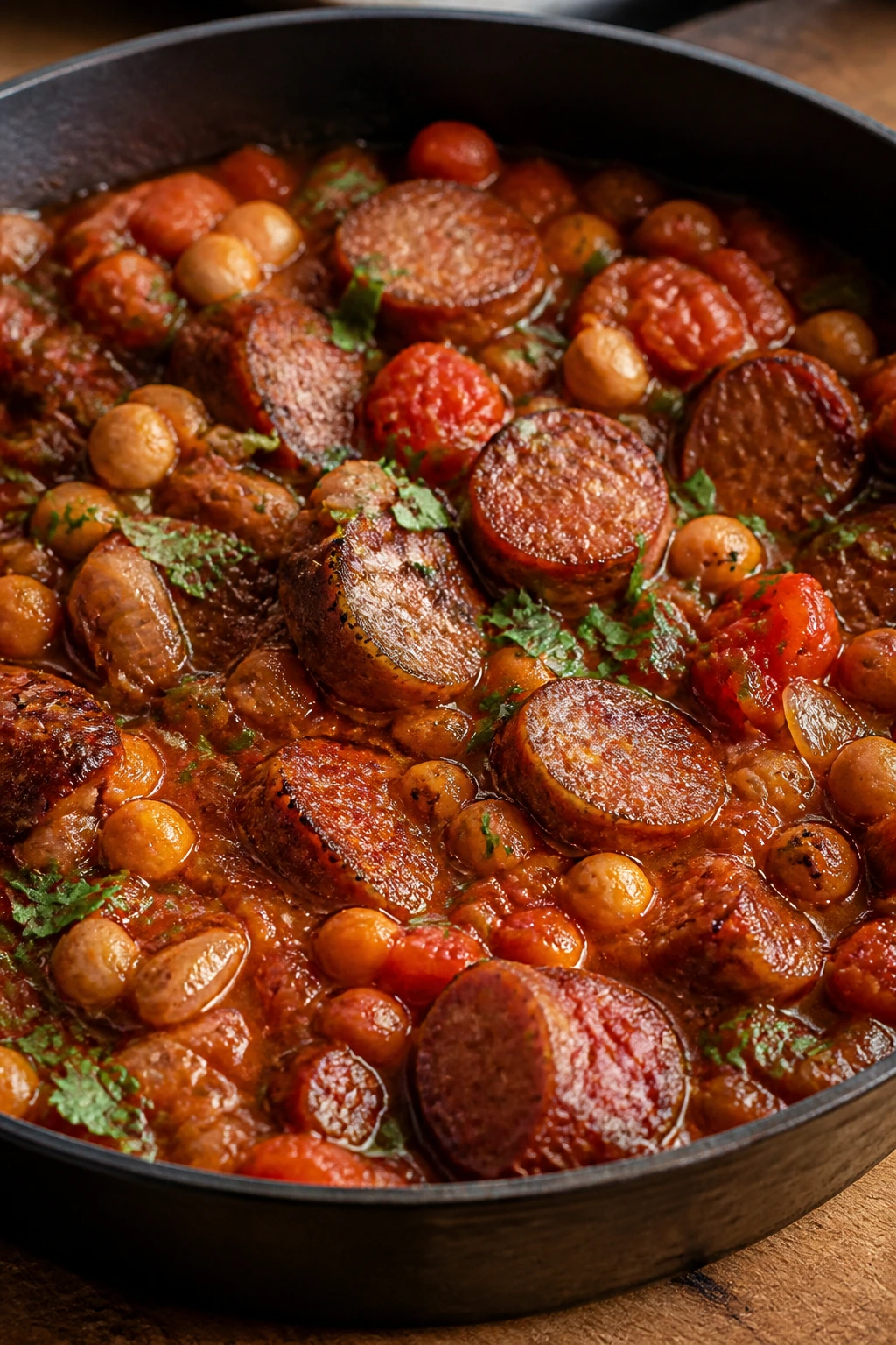 Braised sausage with chickpeas in tomato sauce in a skillet