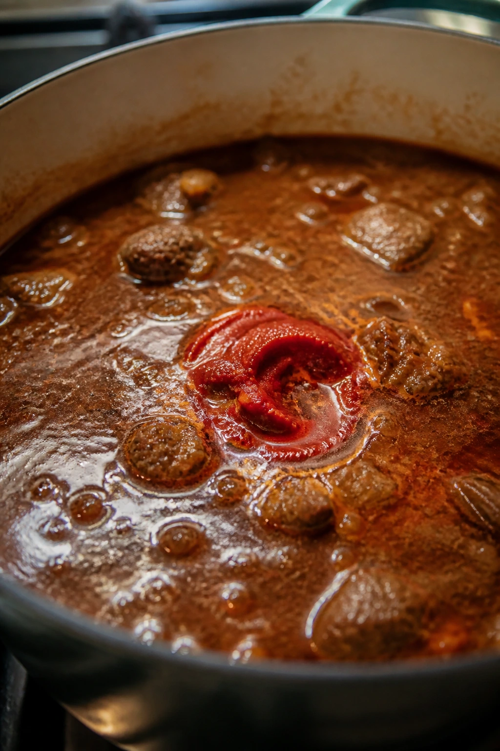 Braised beef sauce with a tomato paste swirl in a pot