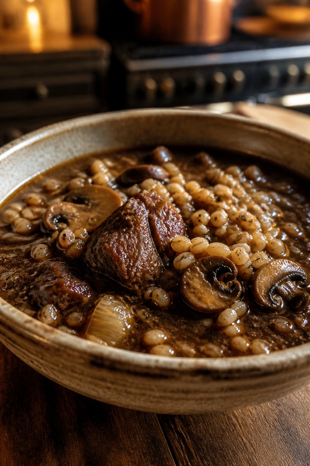 Close-up of braised beef and barley in a rustic bowl, warm kitchen mood