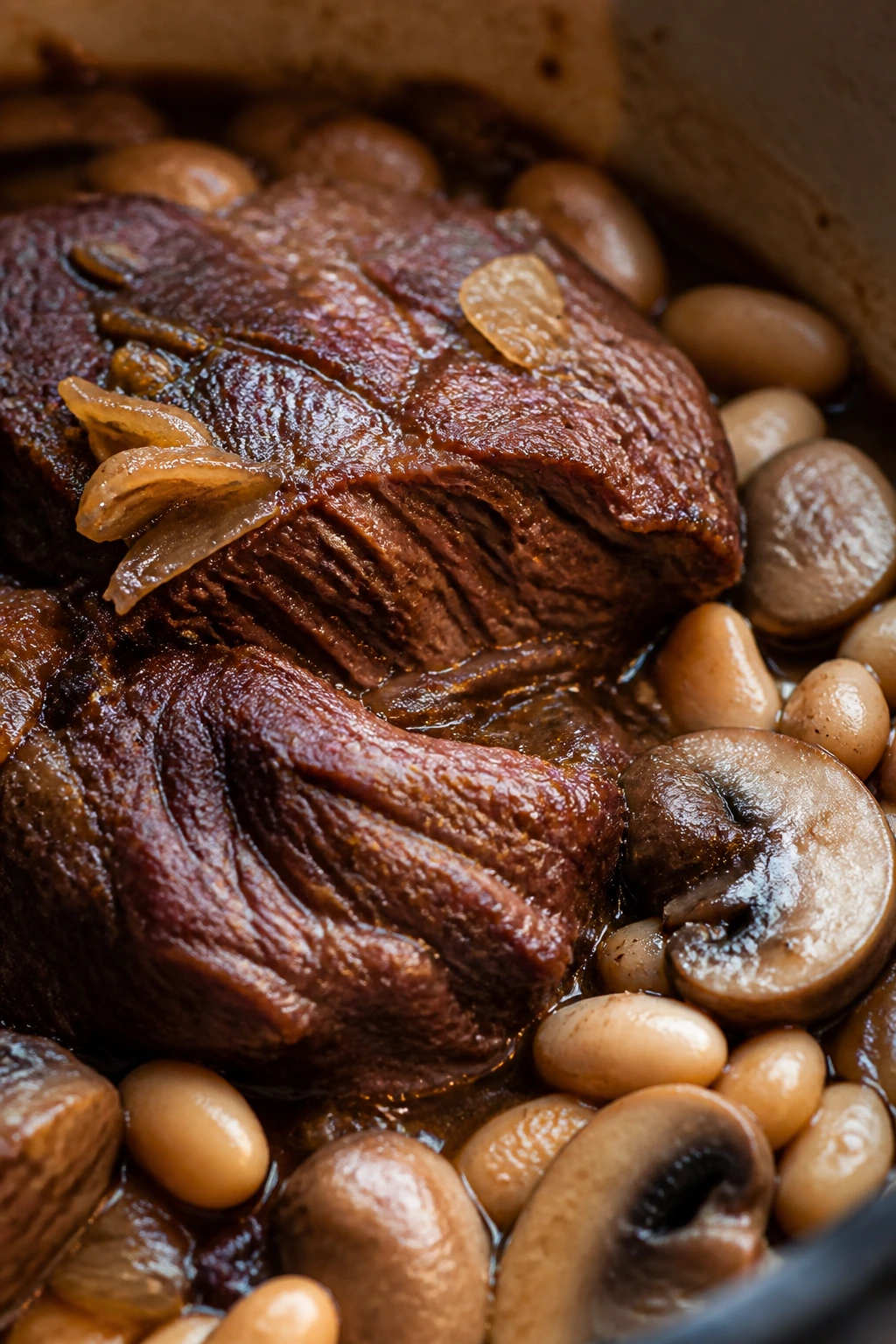Braised beef with beans and mushrooms showing tenderness