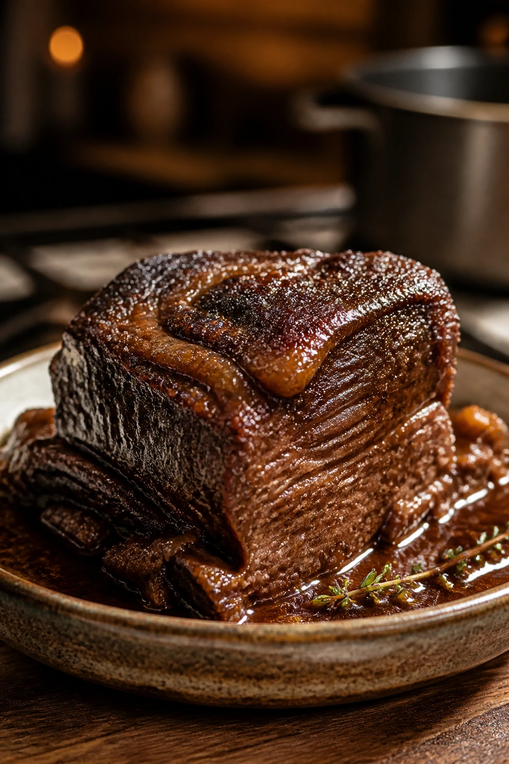 Braised beef chuck piece on a rustic plate