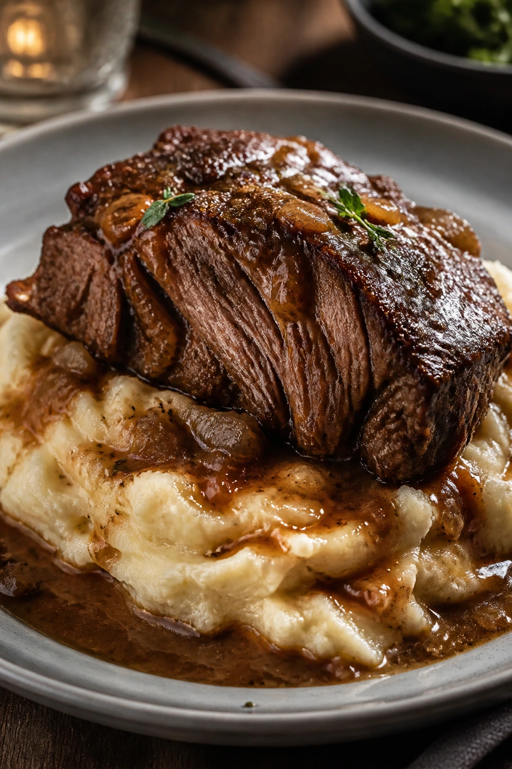 Plate of braised beef over mashed potatoes with sauce