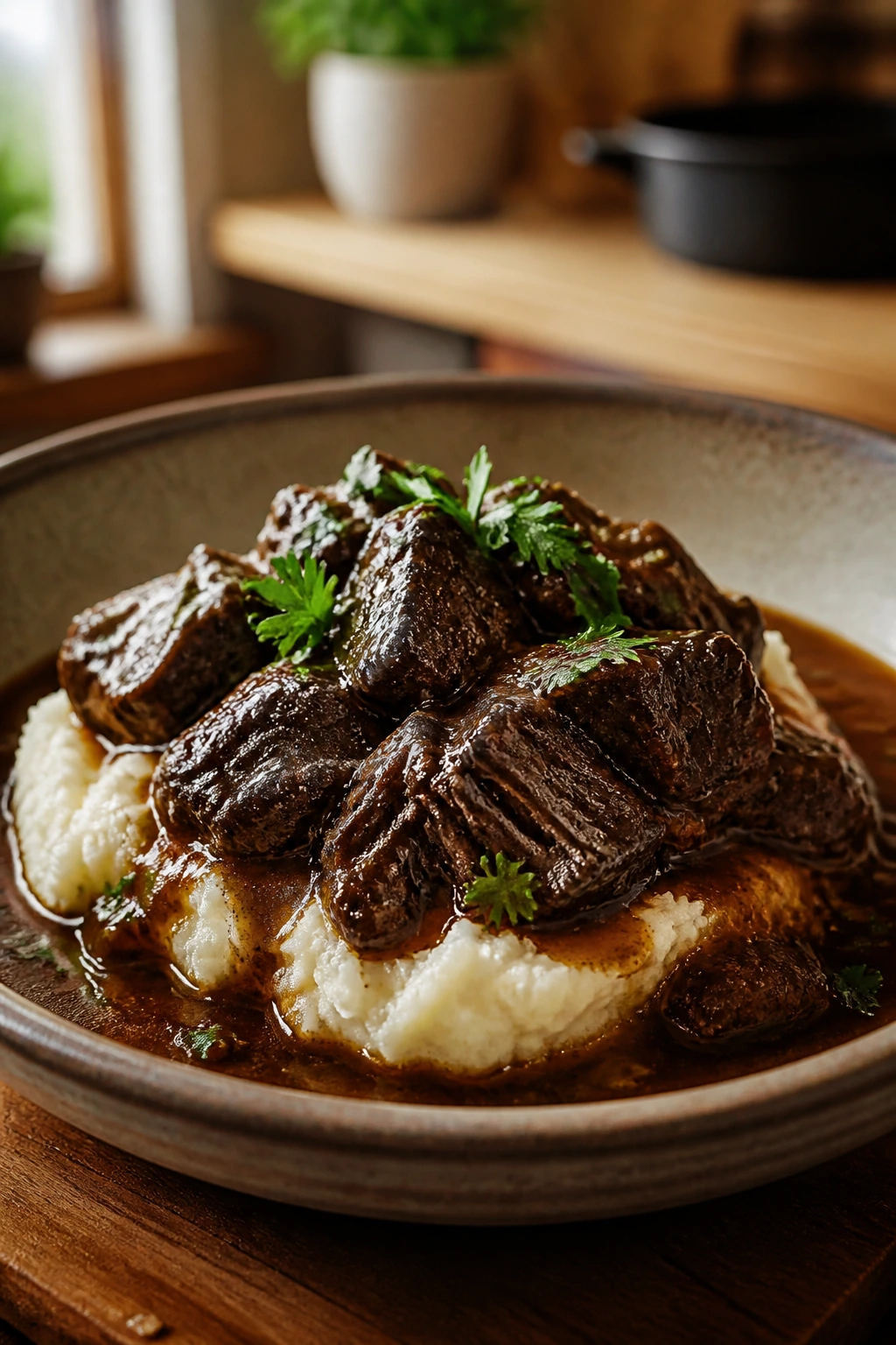 Close-up of braised beef on mashed potatoes with gravy and parsley on a rustic plate.