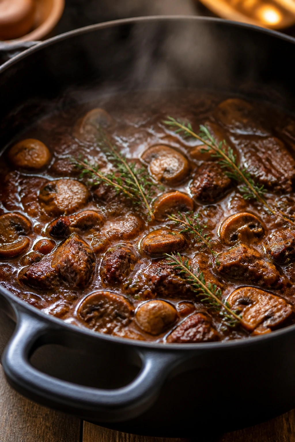 Beef braise with mushrooms and thyme in a pot.
