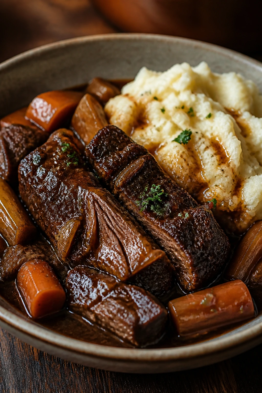 Plated braised beef with sauce and mashed potatoes