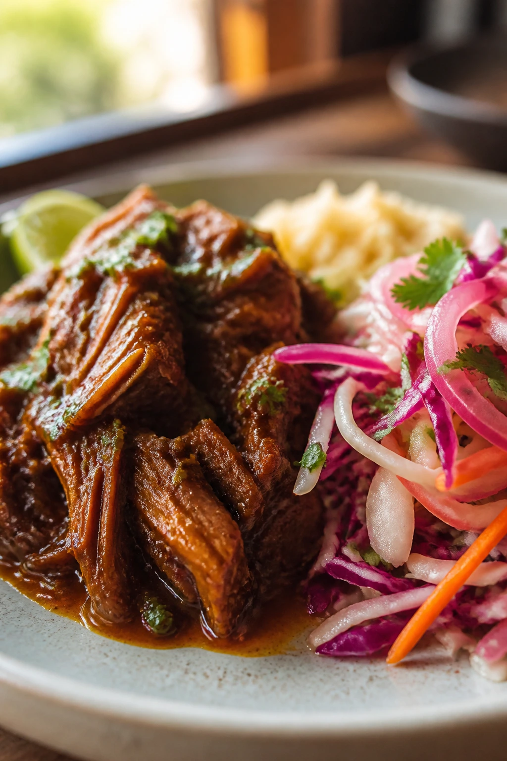 Plate of braised meat with bright acidic slaw on the side for balance