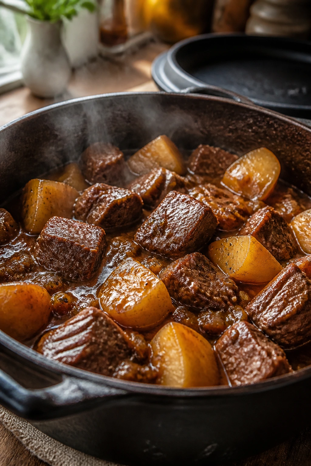 Close-up of tender beef and Yukon Gold potatoes braised in a rich sauce
