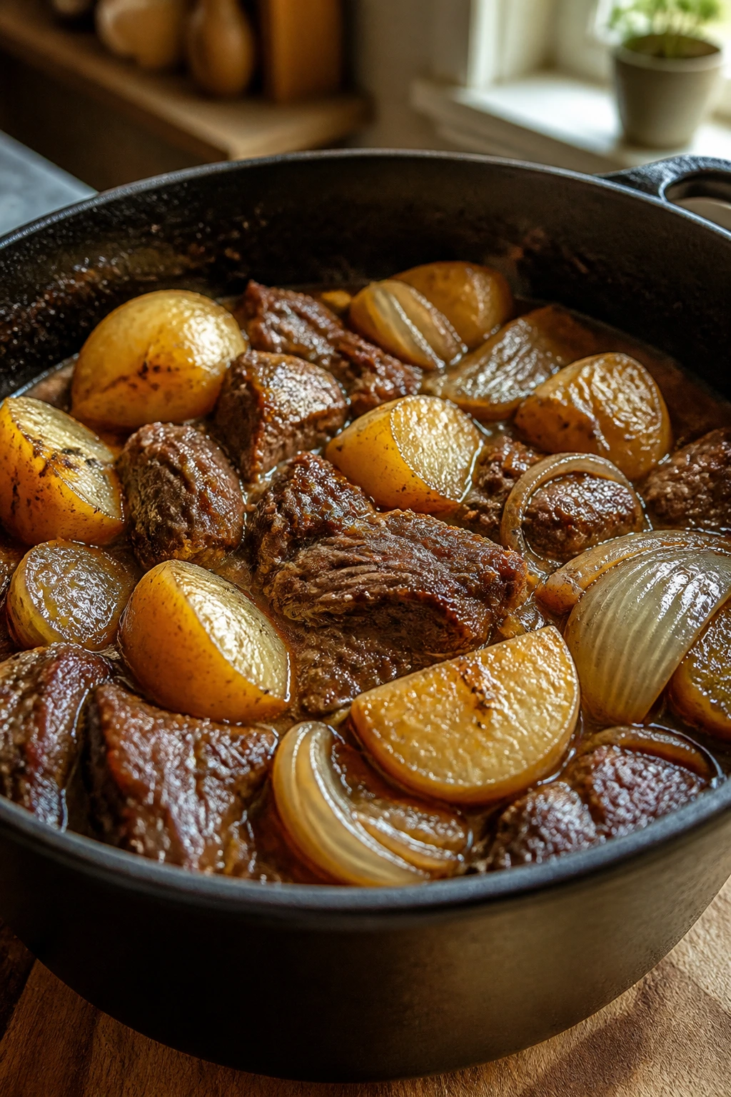 Close-up of braised beef and potatoes in glossy gravy in a cast-iron pot.