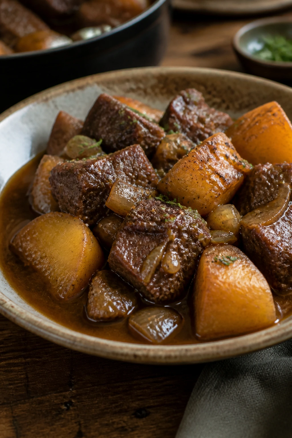 Generous bowl of braised beef and potatoes with sauce