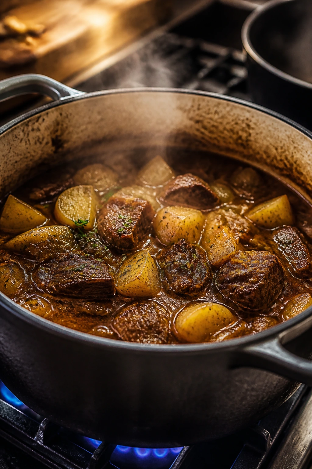 Dutch oven on stove with braised beef and potatoes inside