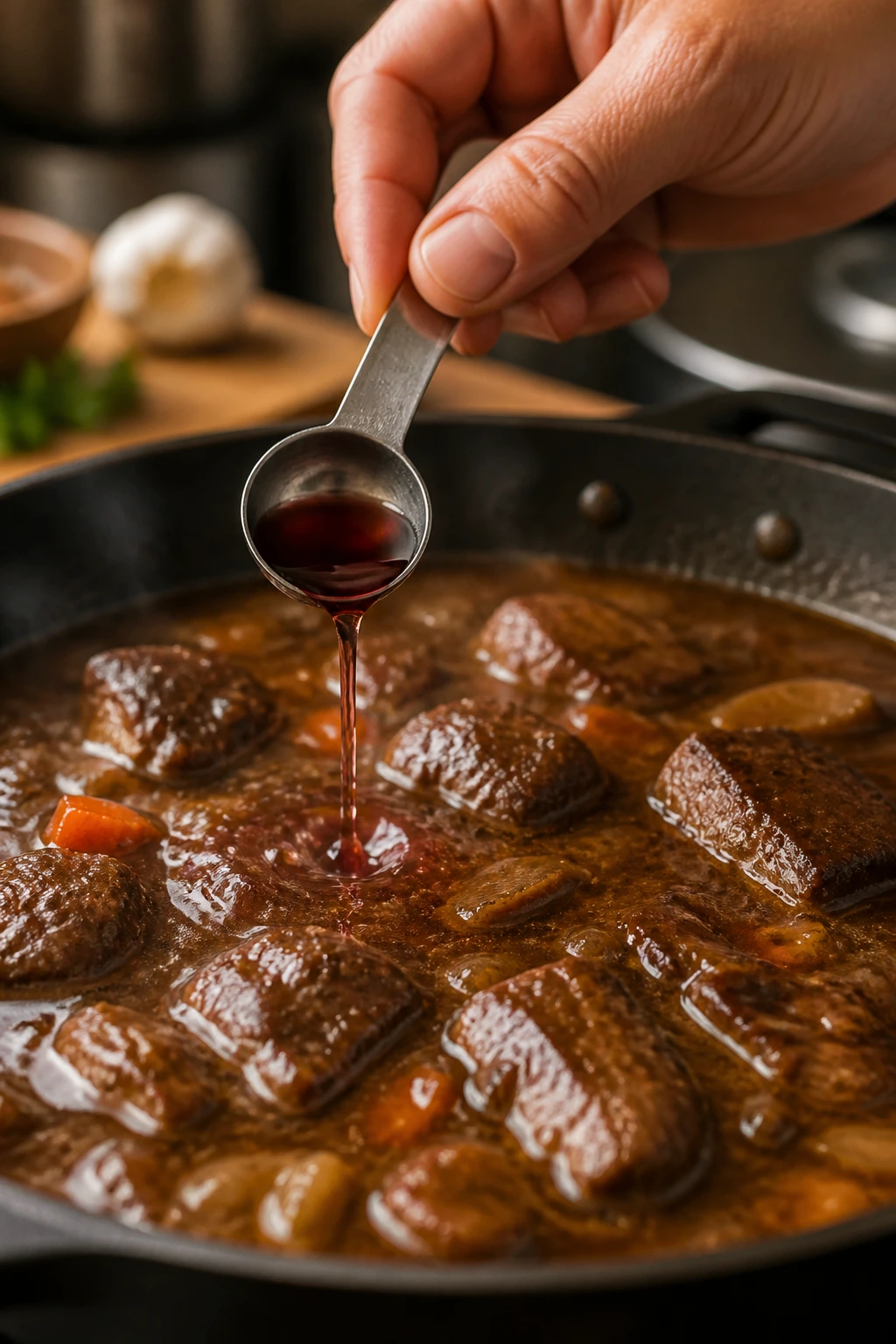Hand pours red wine vinegar into braising sauce in a pan.