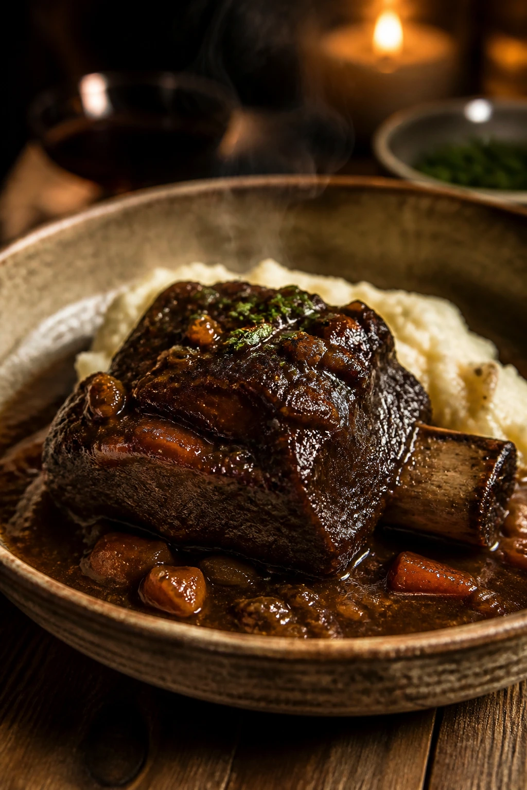 Close-up of braised beef short rib in glossy sauce in a rustic bowl