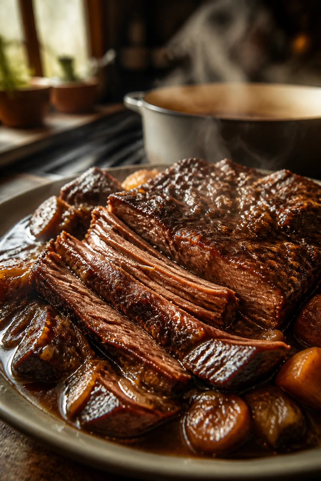 Braised beef slices on plate with rich sauce and steam
