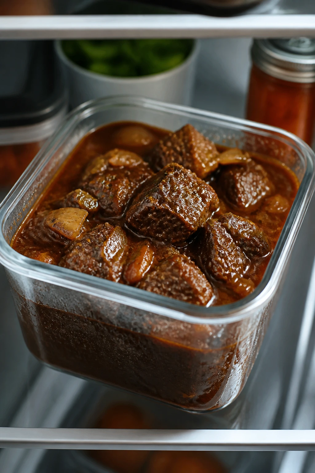 Braised beef stored in clear glass container inside fridge