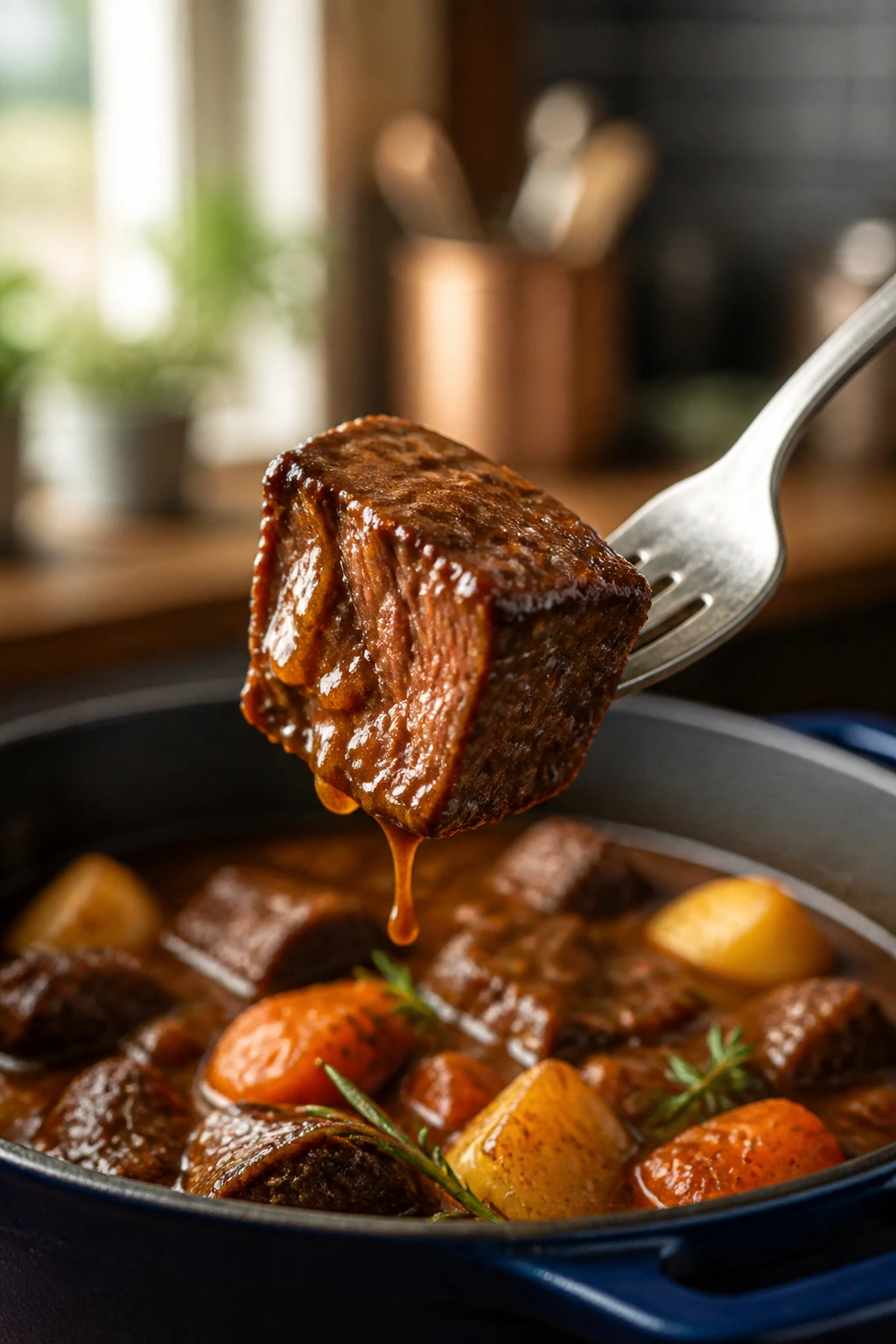 Beef tested for tenderness on a fork in braise