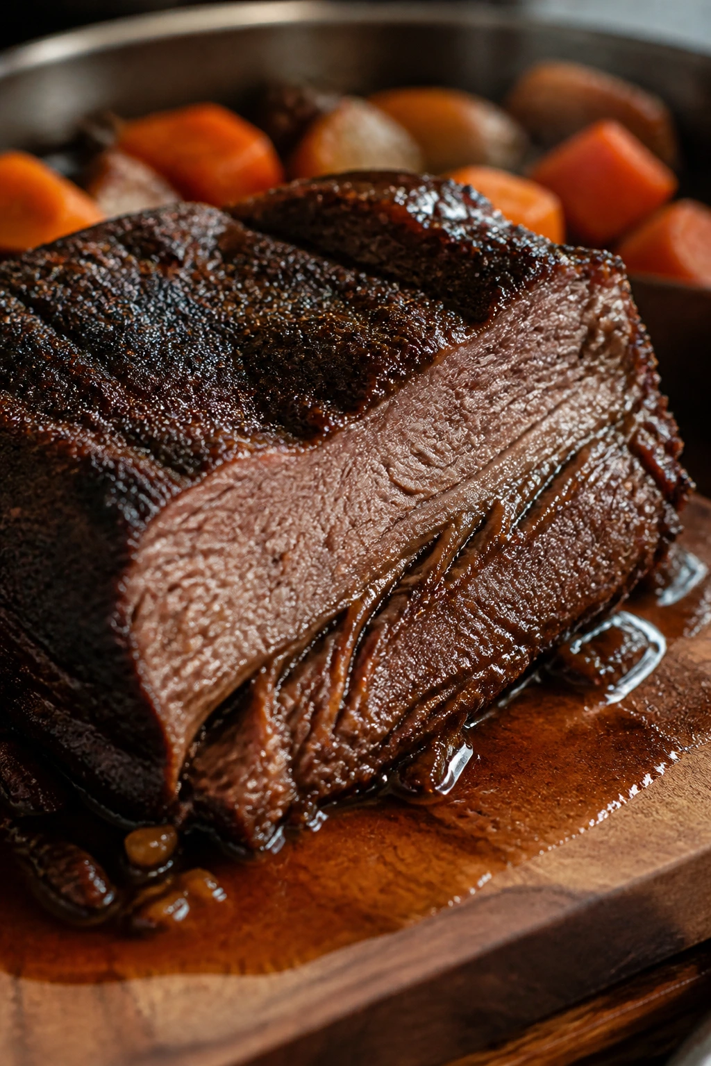 Close-up of tender braised brisket slice with glossy sauce on a wooden board