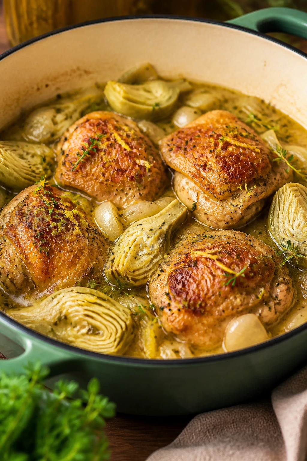 Braised chicken with artichokes in wine sauce on a rustic plate