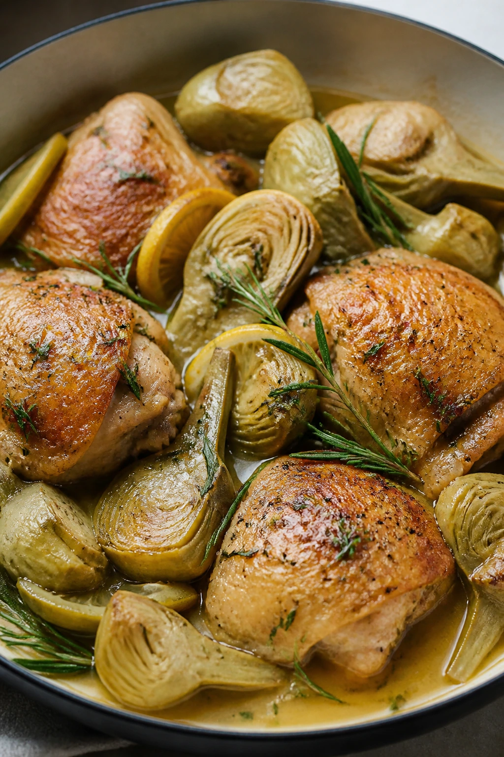 Braised chicken with artichokes in white wine sauce