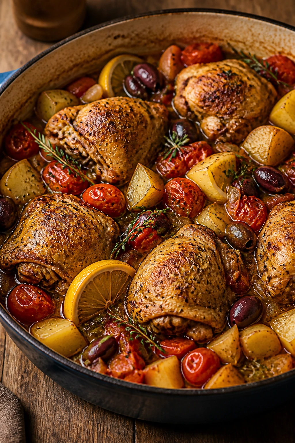 Rustic braised chicken with potatoes olives and lemon in a heavy pot