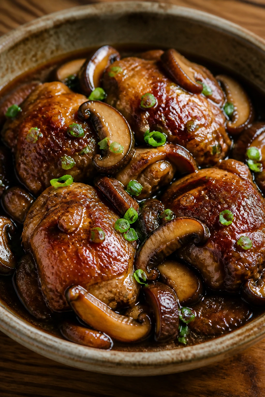 Close-up of braised chicken with shiitake mushrooms in dark sauce