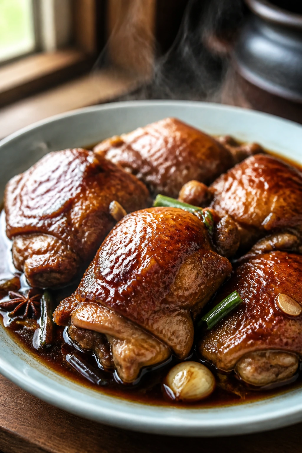 Close-up of braised soy sauce chicken thighs with lacquered skin