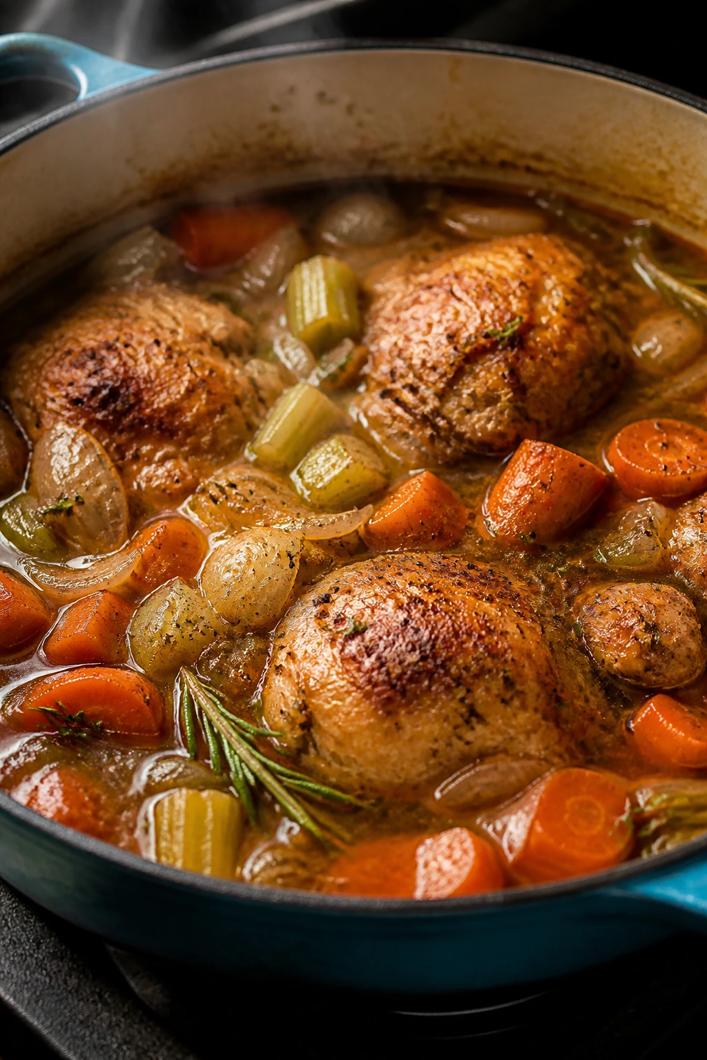 Braised chicken thighs with onions and carrots in glossy sauce