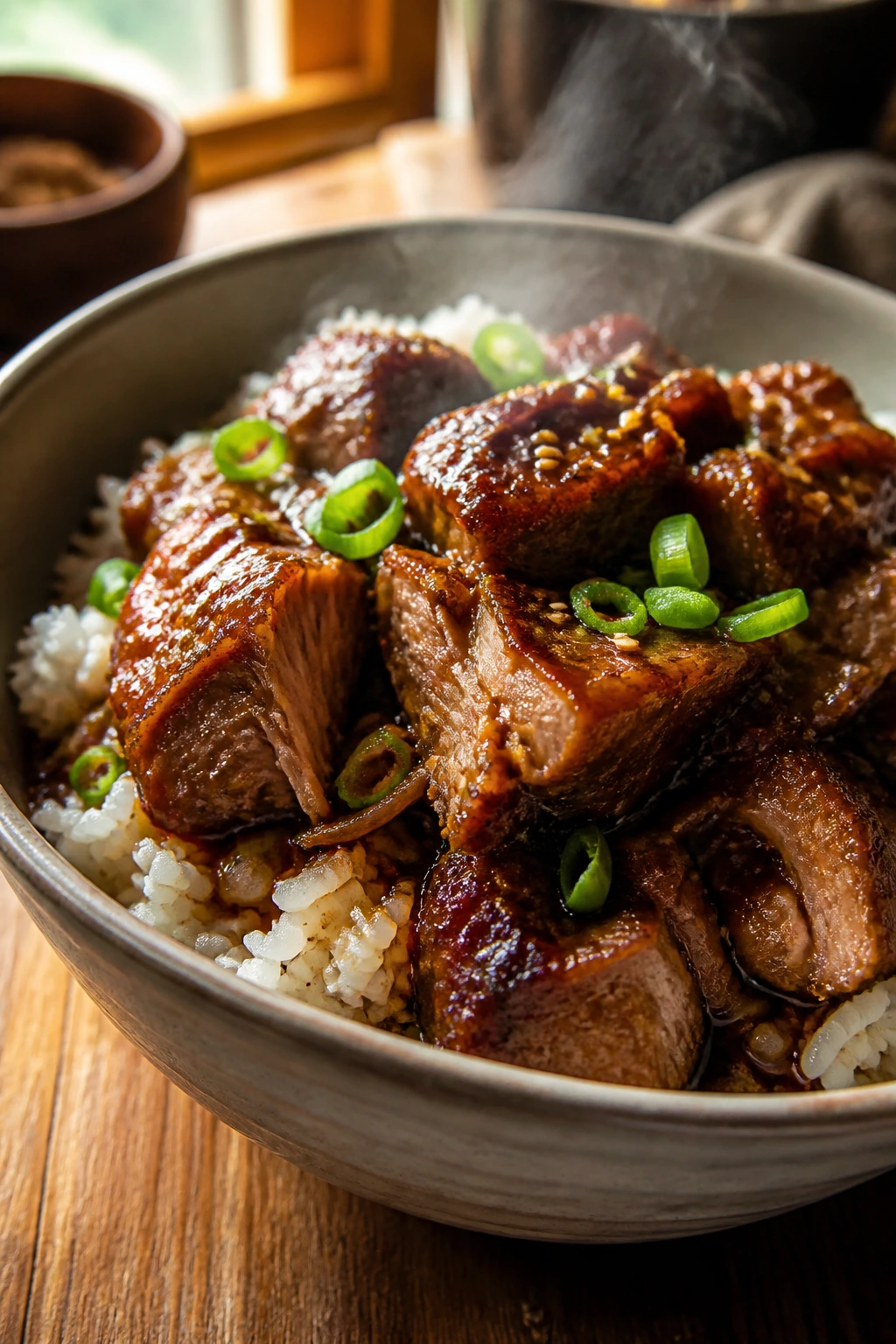 Close-up of a glossy braised meat bowl with steam in a warm kitchen