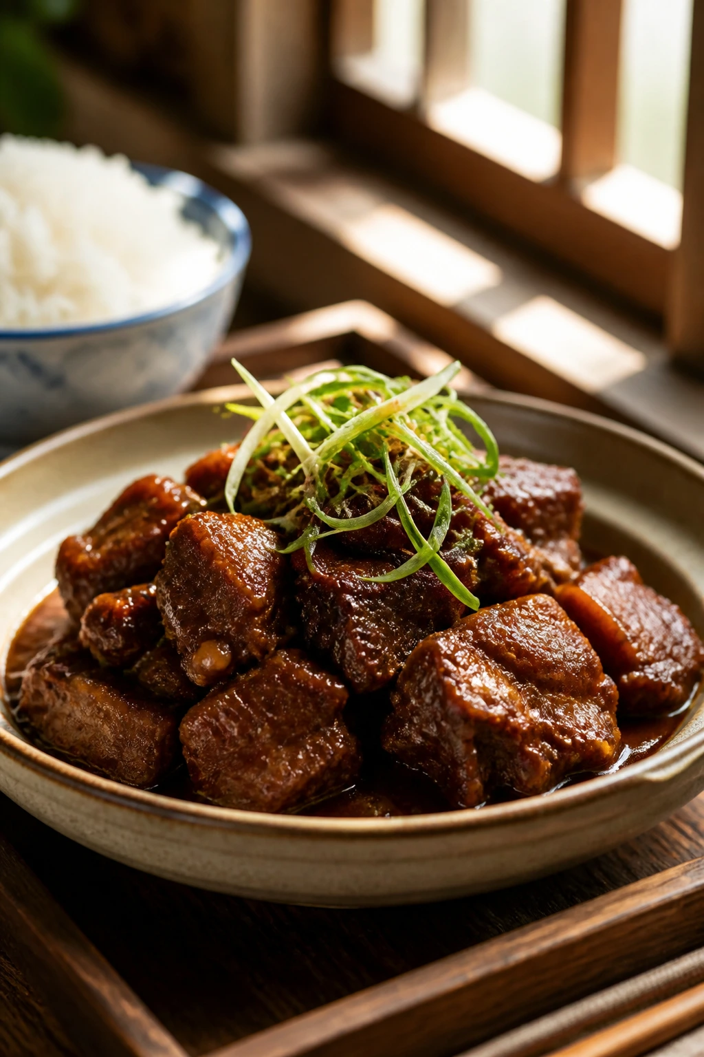 Plated braised meat with greens in a shallow bowl