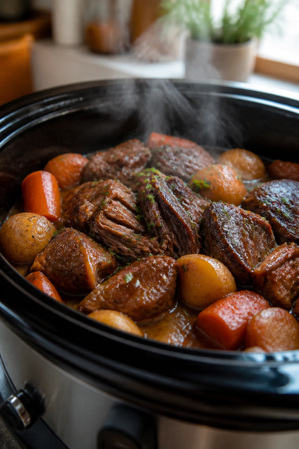 Braised meat and vegetables in a slow cooker with glossy sauce and steam
