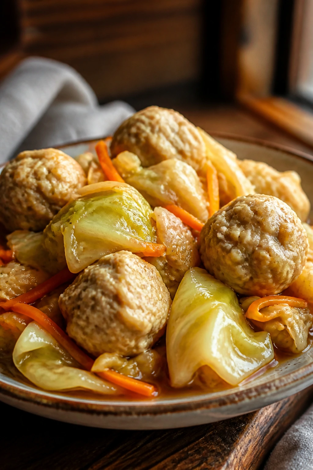 Close-up of braised cabbage chicken meatballs on a rustic plate in a warm kitchen