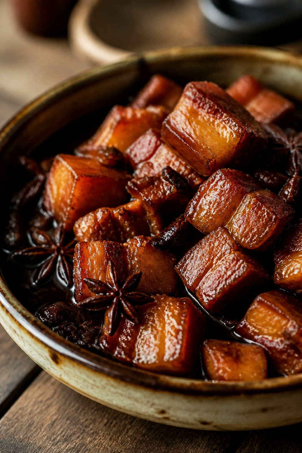Close-up of braised pork belly in soy Shaoxing sauce with star anise