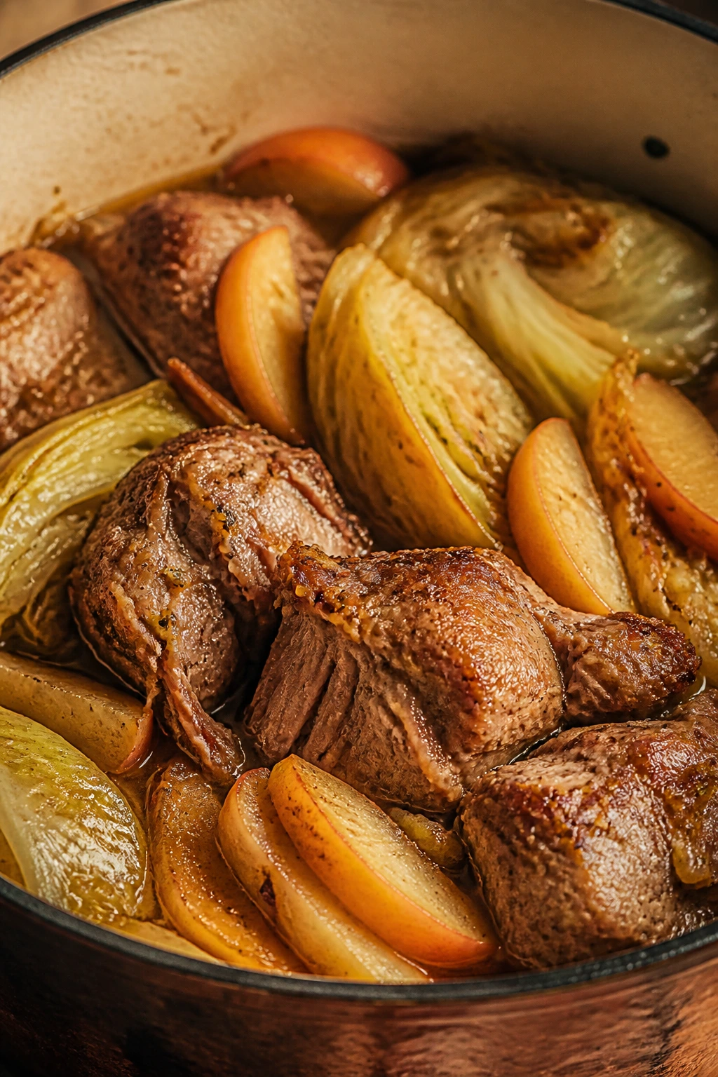 Braised pork with cabbage and apples in rich cider broth