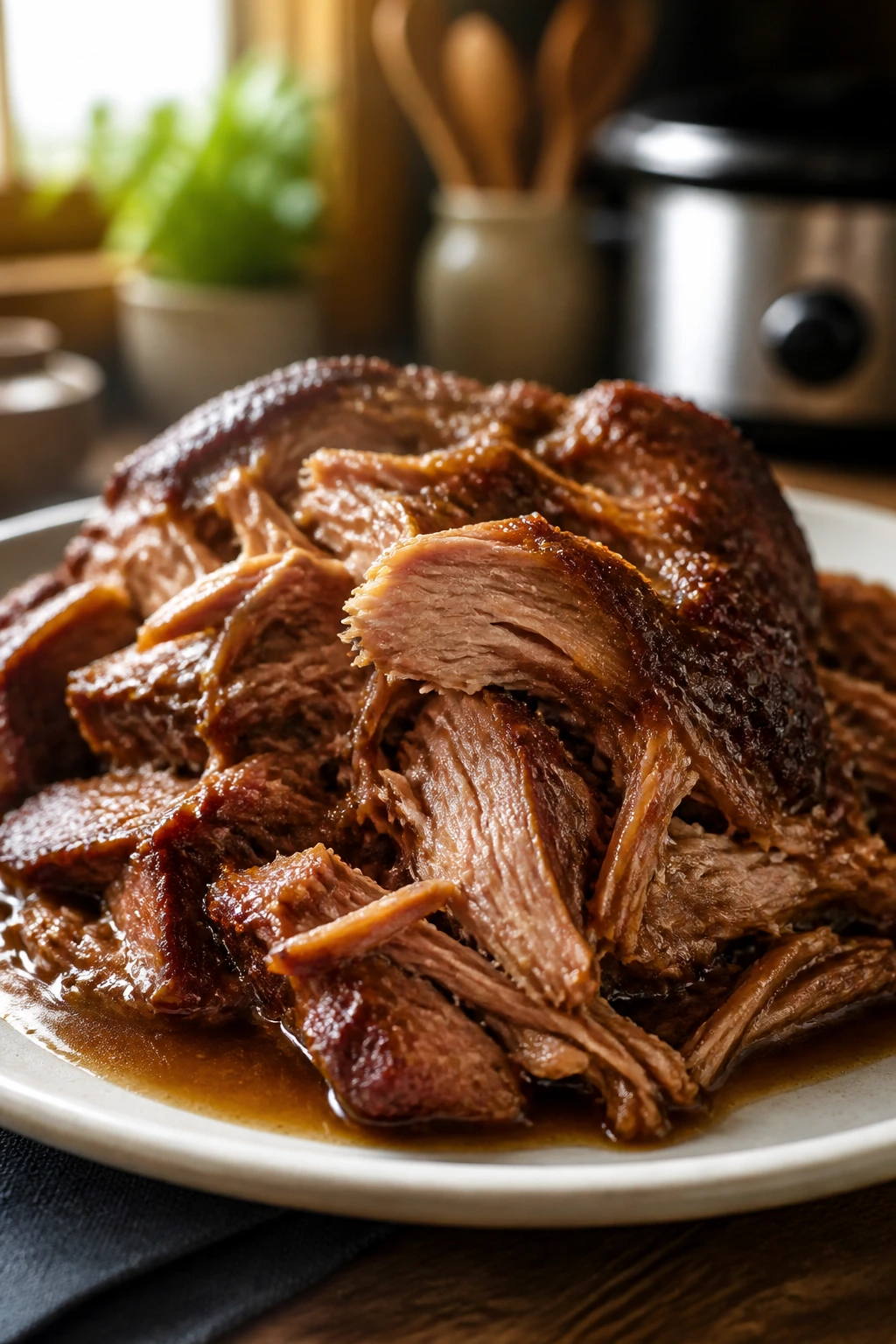 Braised pork shoulder plated with glossy sauce in a cozy kitchen setting