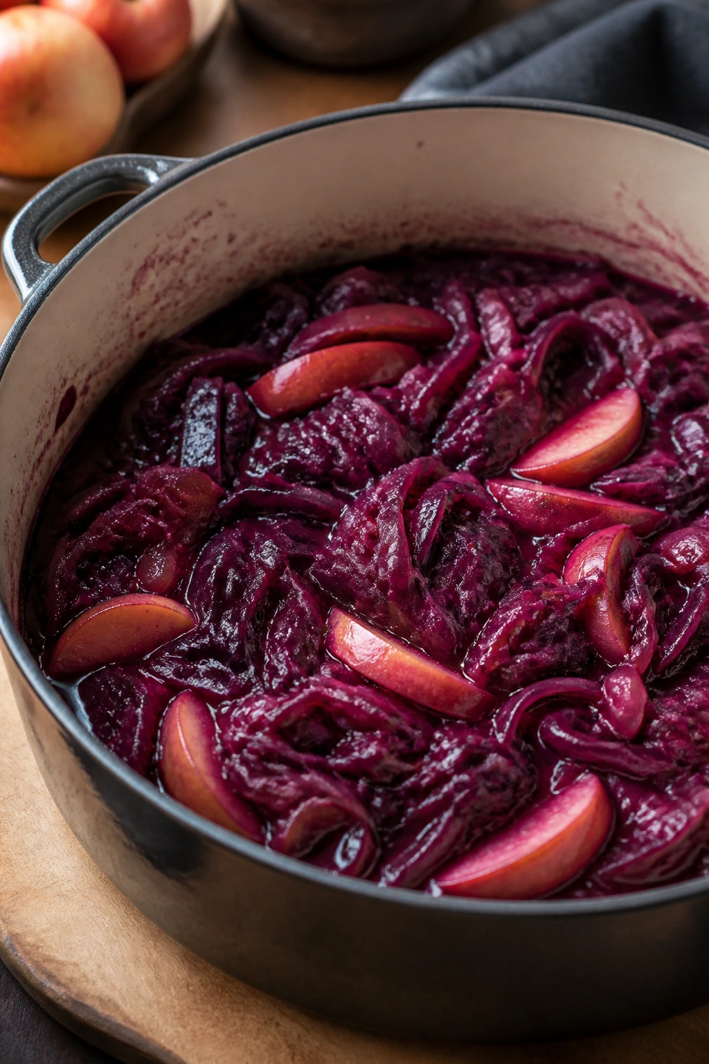 Glossy red cabbage ribbons with apple slices in braising sauce in a Dutch oven