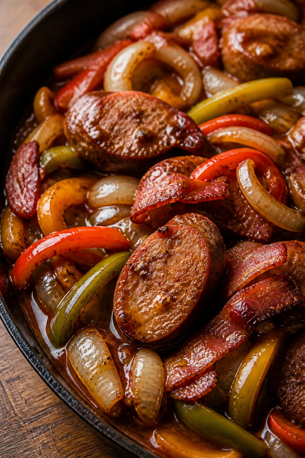 Close-up of bacon-braised sausage with onions and peppers