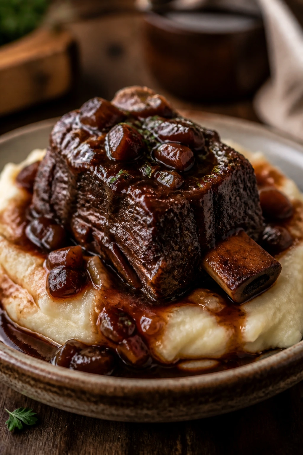 Short rib over mashed potatoes with wine braise on a rustic plate