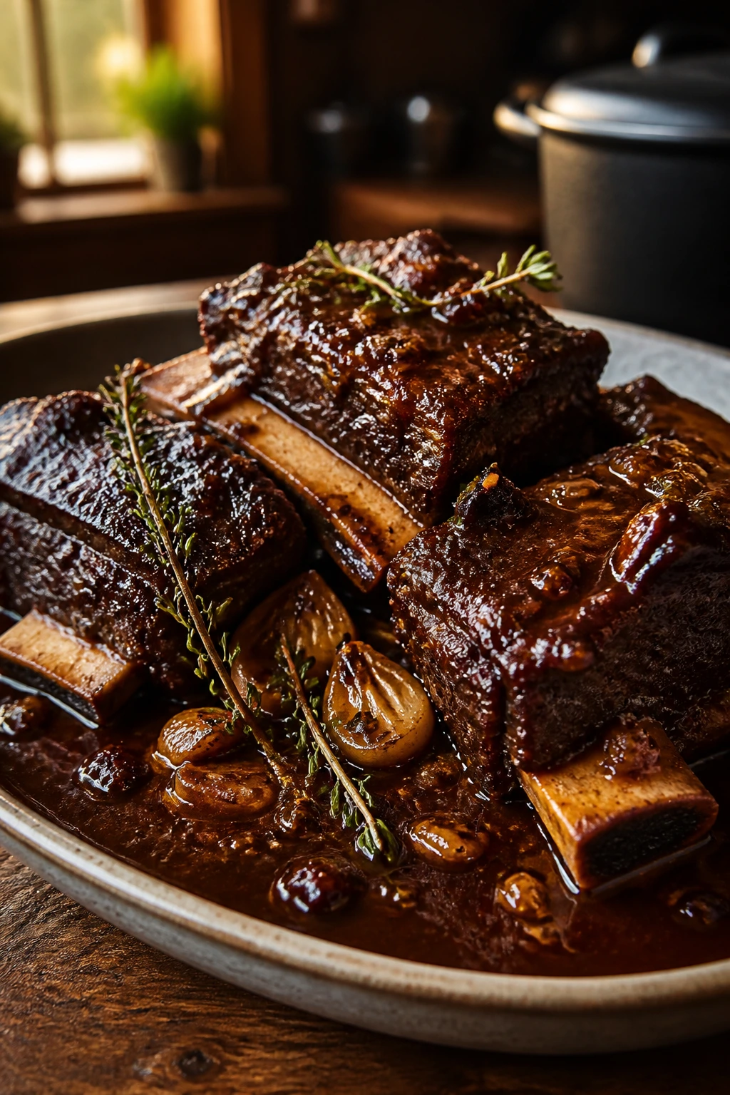 Braised short ribs in garlic thyme sauce on a plate