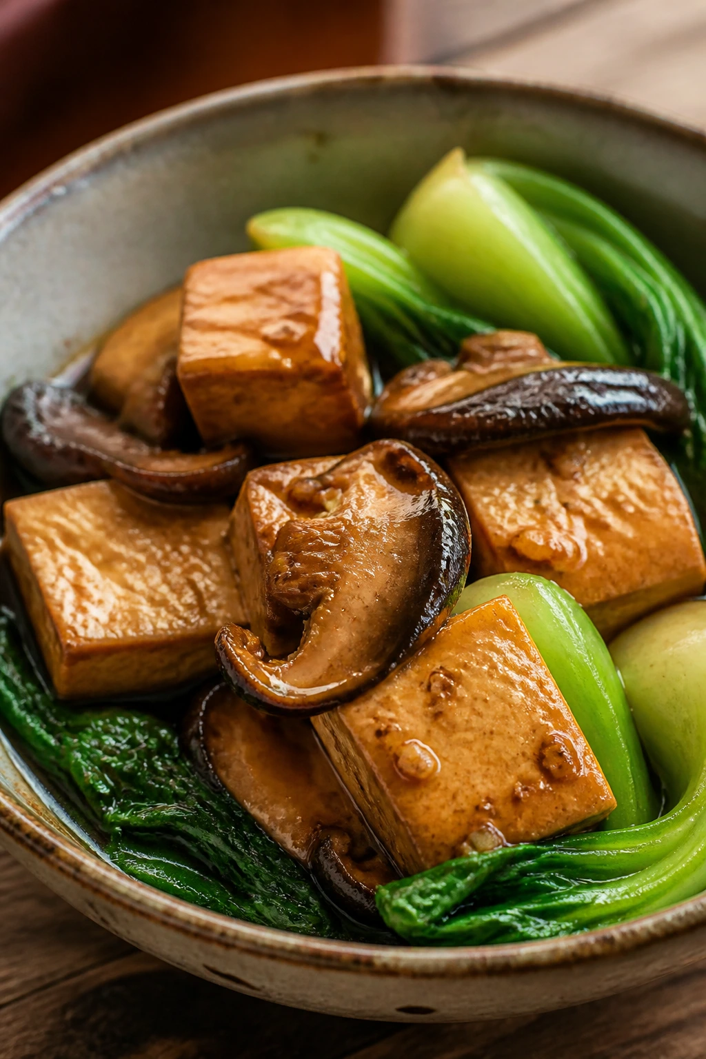 Close-up of braised tofu with bok choy and shiitake in a rustic bowl