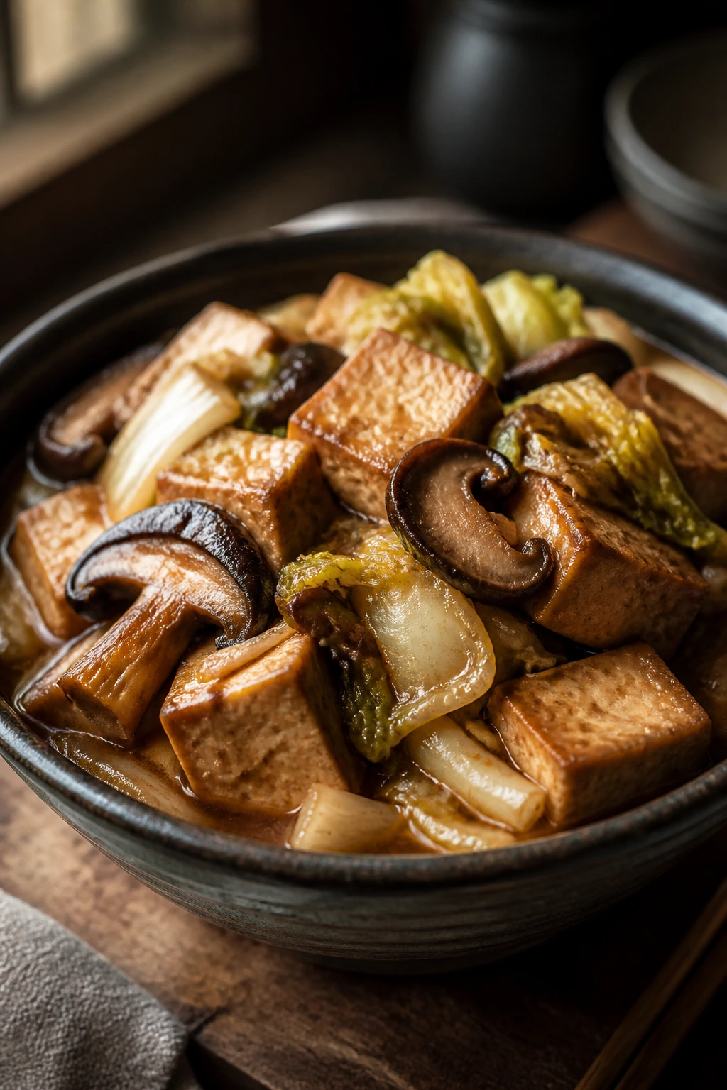 Close-up of braised tofu with mushrooms and napa cabbage