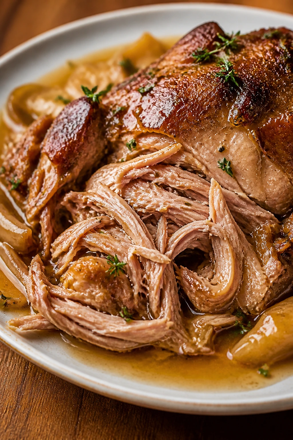Plate of braised turkey with gravy on a wooden table