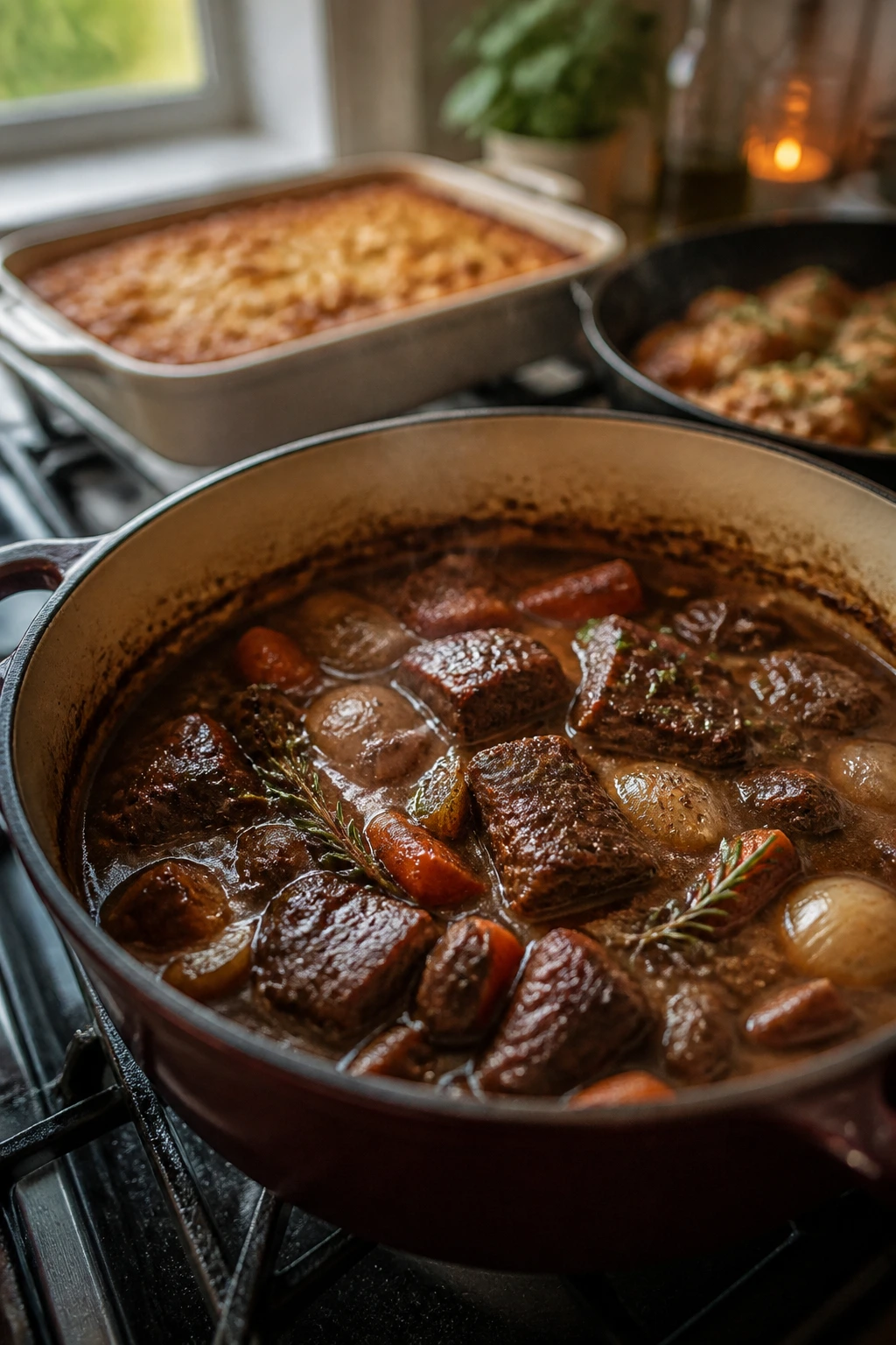 Beef braise simmering in a Dutch oven with warm kitchen background