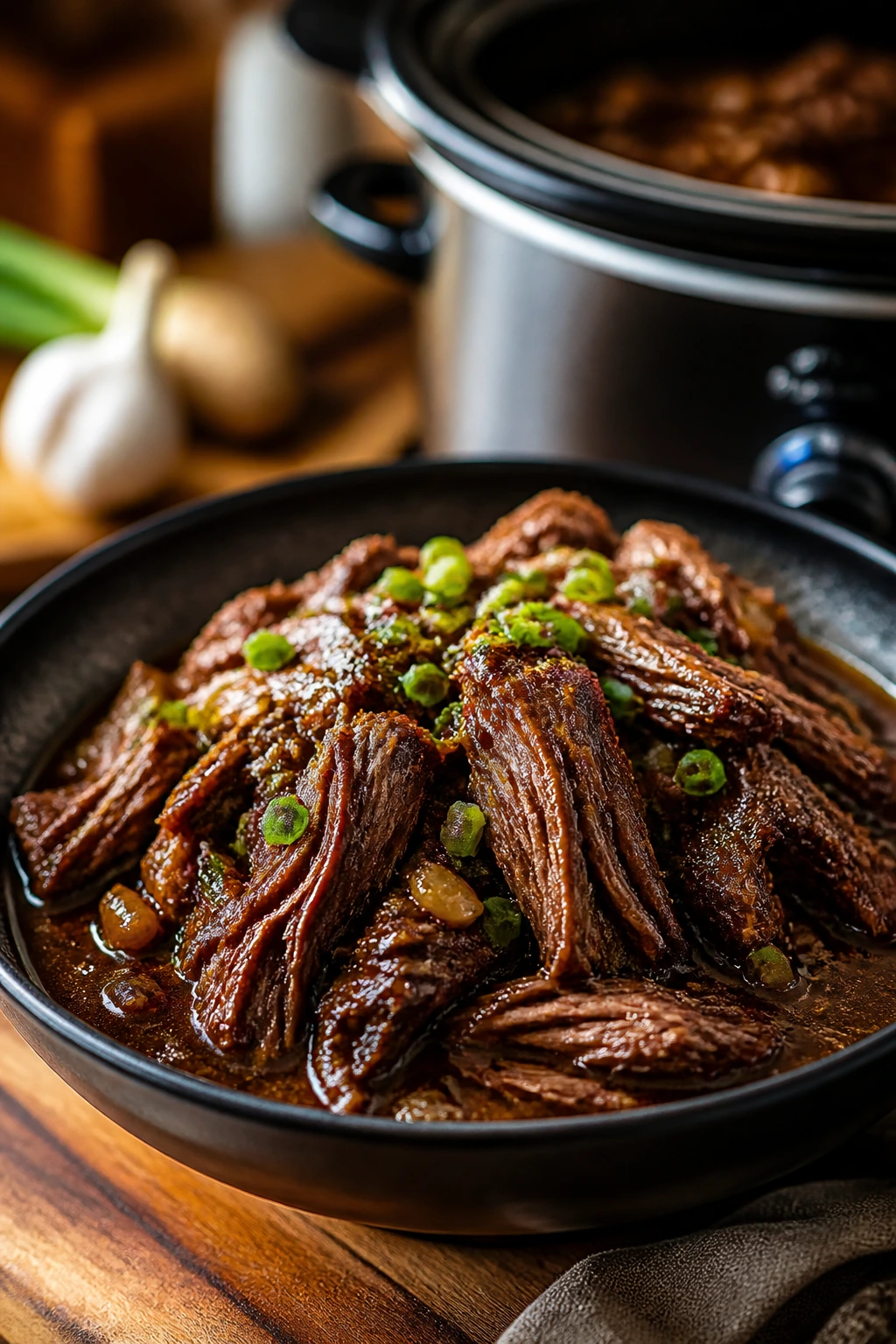 Braised beef in glossy soy glaze in a bowl with a slow cooker in the background