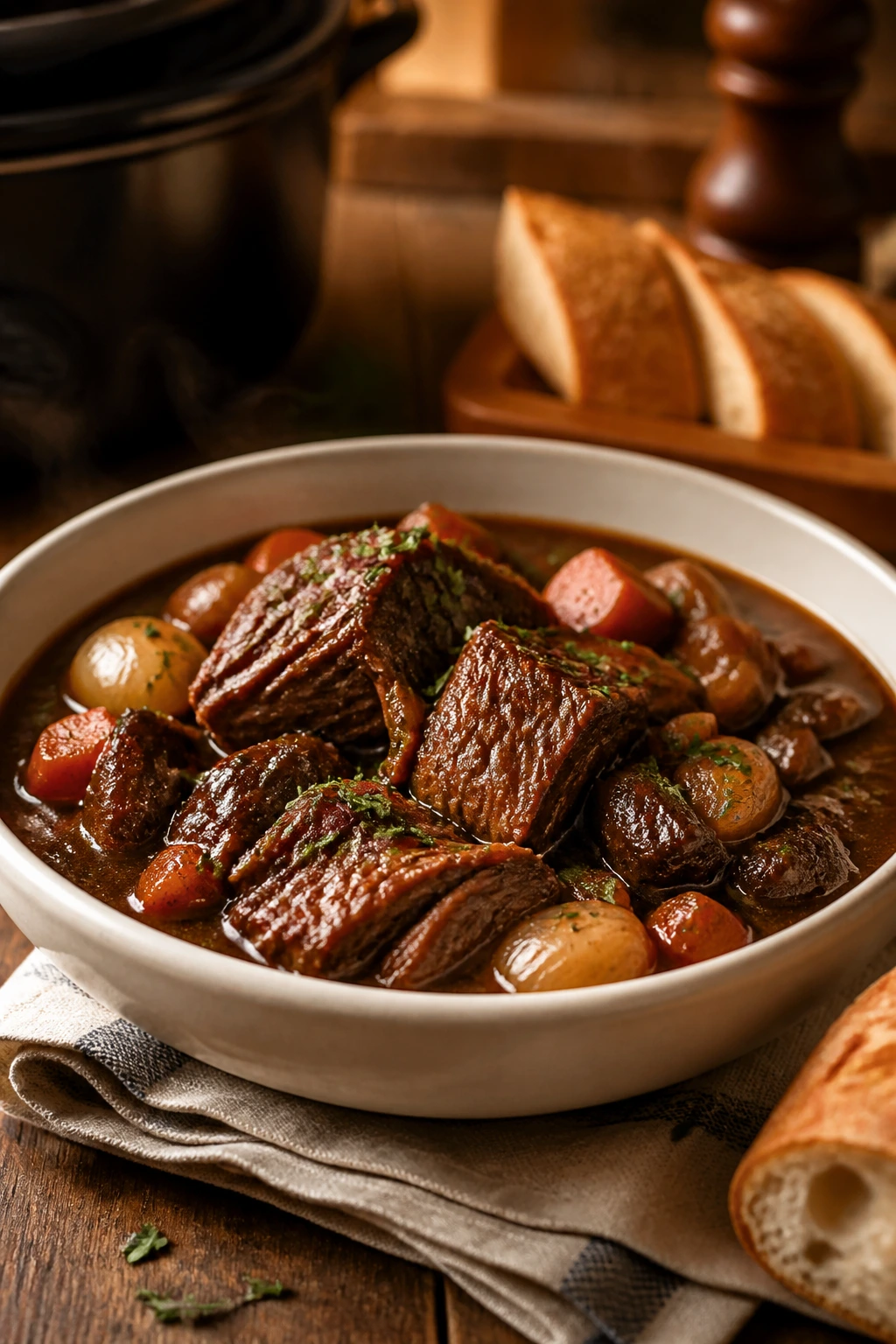 Braised meat plated in a deep bowl with sauce