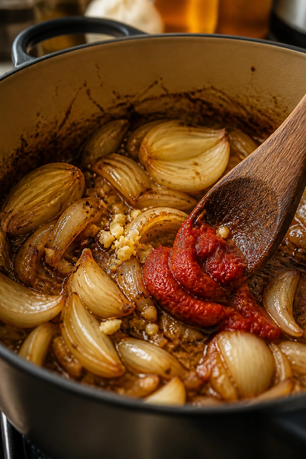 Close-up of browning onions and garlic forming a braising base in a pot
